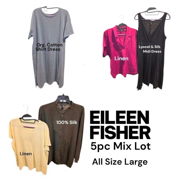 EILEEN FISHER 5pc Mix Lot SzL 3 Shirts 2 Dresses Boho Organic Linen Cotton Silk - Picture 1 of 5
